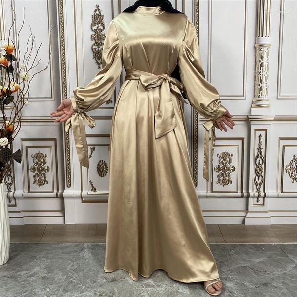 Roupas étnicas Ramadan Kaftan Dubai Luxo Cetim de Seda Vestidos Longos Cor Sólida Primavera Verão Elegante Vestido de Festa Casual Mulheres Muçulmanas A