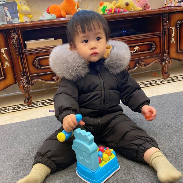 Пуховое пальто для малышей, зимний комбинезон из натурального меха, комбинезон с капюшоном для мальчиков и девочек, толстые теплые пальто, От 0 до 3 лет