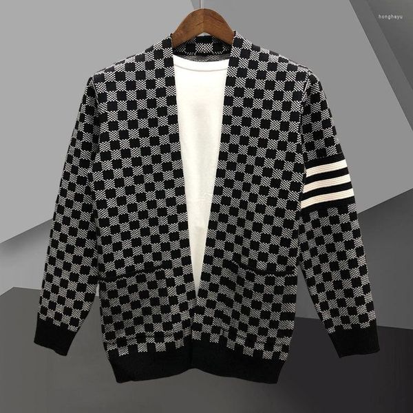 Suéter masculino tendência marca moda xadrez cardigan casaco masculino lazer preto estilo coreano outono suéter de malha