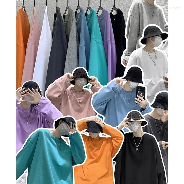Мужские футболки Футболка с длинным рукавом для мужчин Корейский стиль Свободные хлопковые топы Уличная рубашка с круглым вырезом Однотонные базовые футболки с длинными рукавами