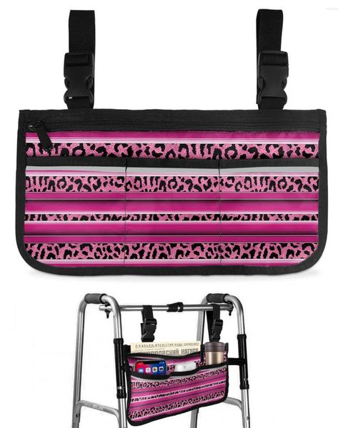 Сумки для хранения Мексиканские полосы Леопардовая текстура кожи животного Розово-красная сумка для инвалидной коляски Подлокотник Боковая сумка для электрического скутера