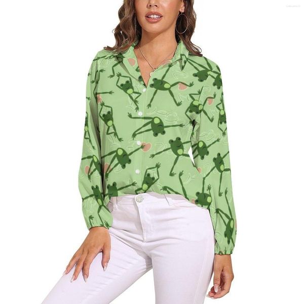 Camicette da donna Divertente rana che fa yoga Camicetta Carino verde Forgs Design Abbastanza personalizzato Camicia streetwear a maniche lunghe da donna Top oversize