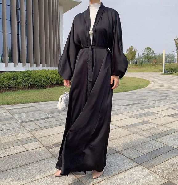 Roupas étnicas Plain Abaya Mulheres Muçulmanas Robe Dubai Moda Puff Mangas Cardigan Vestido com Cinto Médio Oriente Senhora Simples Traje Árabe