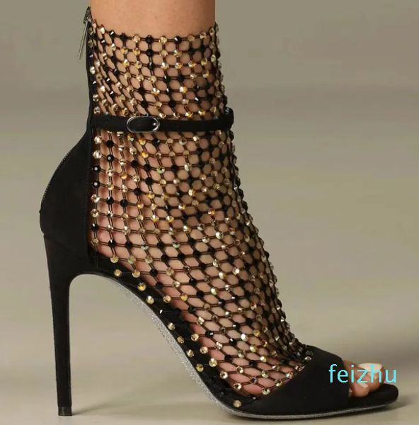 Galaxia Mesh Strass Kafesli Stiletto Sandalet Rhinestones ayak bileği kayış siyah akşam ayakkabıları kadınlar yüksek topuklu lüks tasarımcılar serin botlar