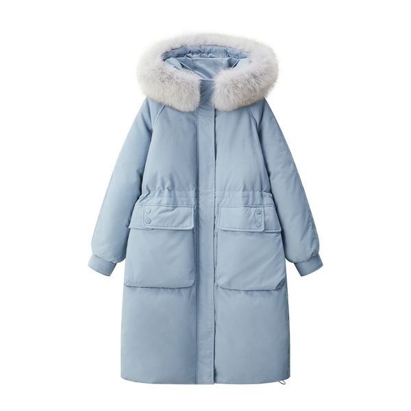 Cappotti invernali taglie forti per donna Piumini Parka con cappuccio 3XL 4XL 5XL Collo in pelliccia di volpe Capispalla caldo Nero Blu