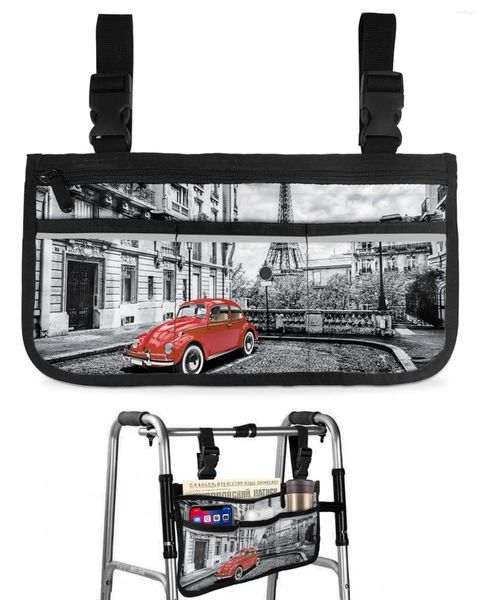 Aufbewahrungstaschen, rote Vintage-Auto-Paris-Tower-Street-Rollstuhltasche mit Taschen, Armlehnenseite, Elektroroller-Gehgestell-Tasche