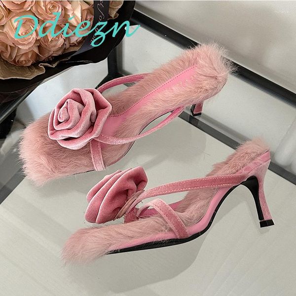 Kleid Schuhe Frauen High Heels Slides Sandalen Cord Blume Hausschuhe Sommer Lässige Mode Pelz Karree Damen Weibliche Pumpen