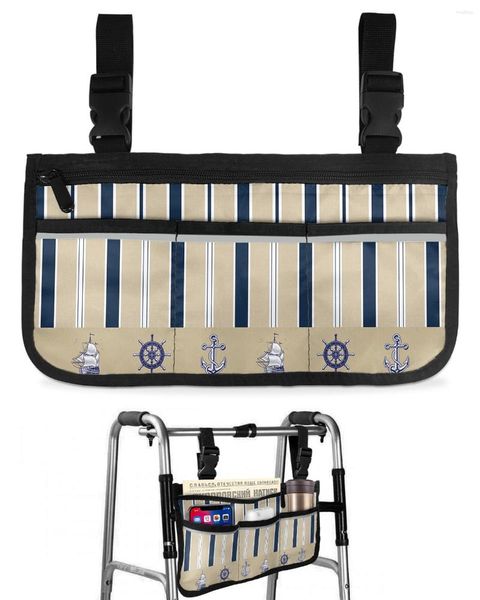 Сумки для хранения Полосатая корабельная сумка с якорем для инвалидной коляски с карманами Подлокотник сбоку Чехол для ходьбы на электрической раме для скутера