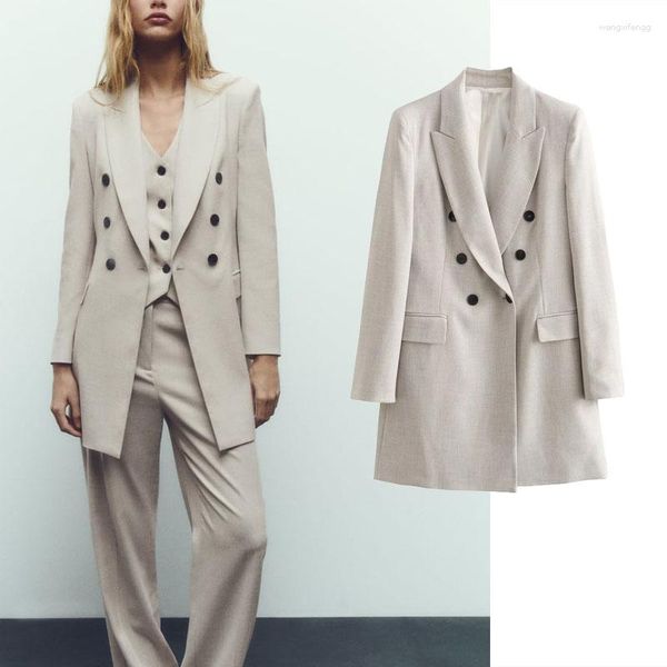 Abiti da donna Blazer lungo aderente per donna 2023 Blazer doppiopetto grigio vintage Moda manica formale Donna Autunno