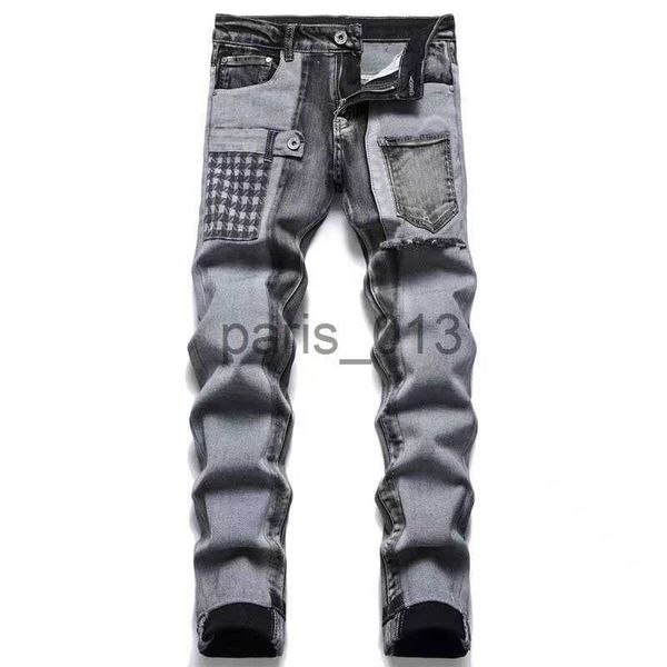 Mens Jeans Trendy High Street Mens Jeans Calças Fashion Designer Jeans Azul Buraco Lavado Casual Fit Straight Leg Pant Juventude Rebite Impressão Patch Preto Jean Bordado Meninos