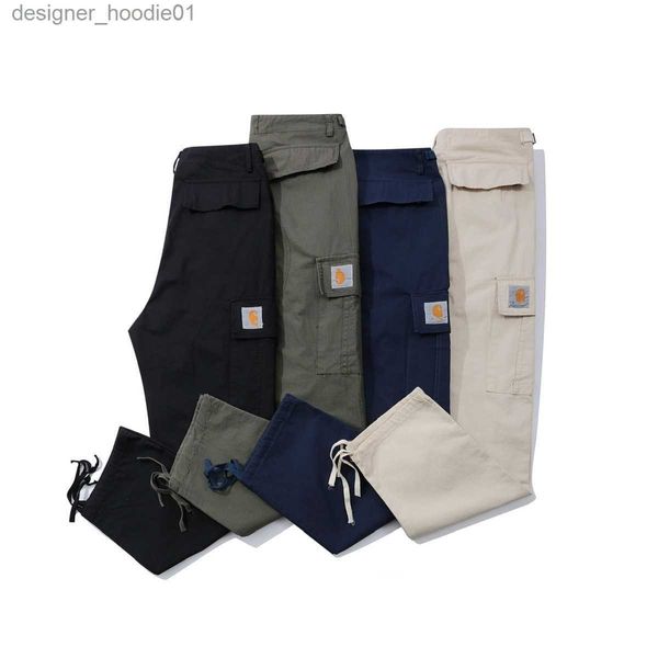 Jeans masculinos venda quente calças dos homens americano high street marca carhart puro algodão cinco pontos verificação de algodão multi bolso macacão l230911