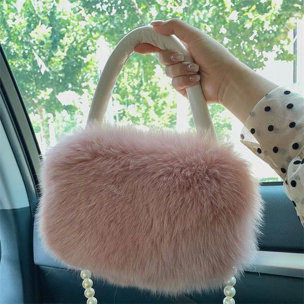 Duffel Torbalar Kadınlar Kış İthal Kürk Tote Lüks Moda İnci Zinciri Tasarım Tek Omuz Straddle Bag