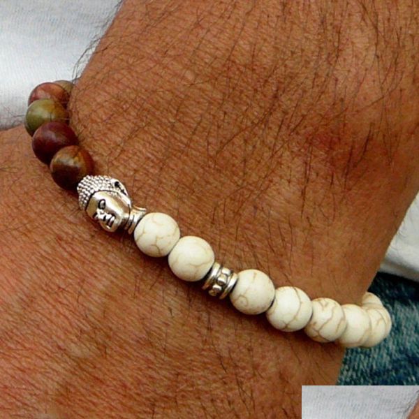 Perline Sn0233 Bracciale moda turchese bianco da uomo elasticizzato Mala Howlite Picasso Buddismo Yoga Polso Uni Drop Consegna Gioielli Dhgarden Dhxzt