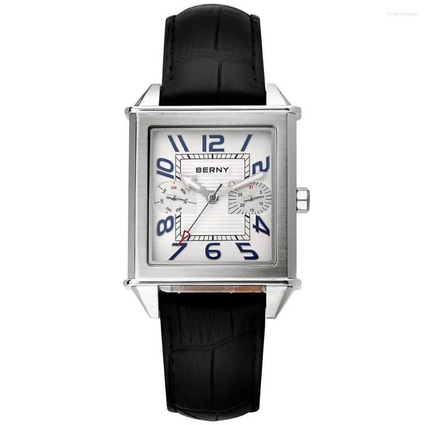Relógios de pulso Berny Relógio de Quartzo para Homens Luxo Masculino Vintage 6P25 Dia Data Couro 3ATM À Prova D 'Água Golden Square Relógio de Pulso