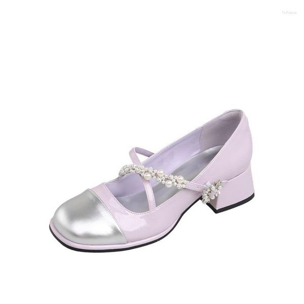 Туфли Мэри Джейн с жемчугом и стразами, женские туфли 2023 с квадратной головкой и фиолетовыми туфлями на высоком каблуке.