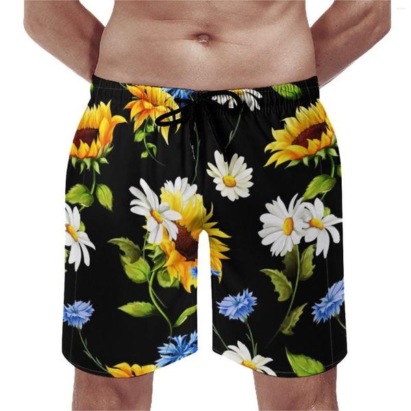 Shorts masculinos verão placa amarelo girassol esportes branco azul flores impressão praia bonito confortável troncos de natação tamanho grande