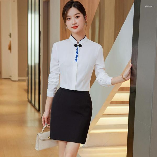 Camicette da donna Camicie da donna alla moda Top a maniche lunghe da ufficio Gonna in 2 pezzi e set da lavoro in stile cinese bianco
