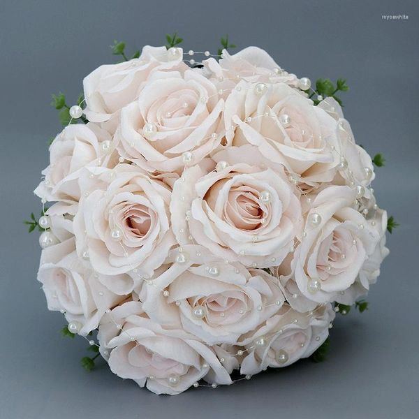 Flores de casamento buquê de noiva europeu luz champanhe rosa grânulo pérola corrente acessório artificial segurando flor