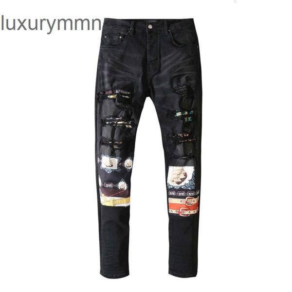 Denim Amiryes Jeans Designer Pants Man Mens Off Hole Patch Beggar Black Slim Fit Black Film Elastic Jeans Men 4Biq