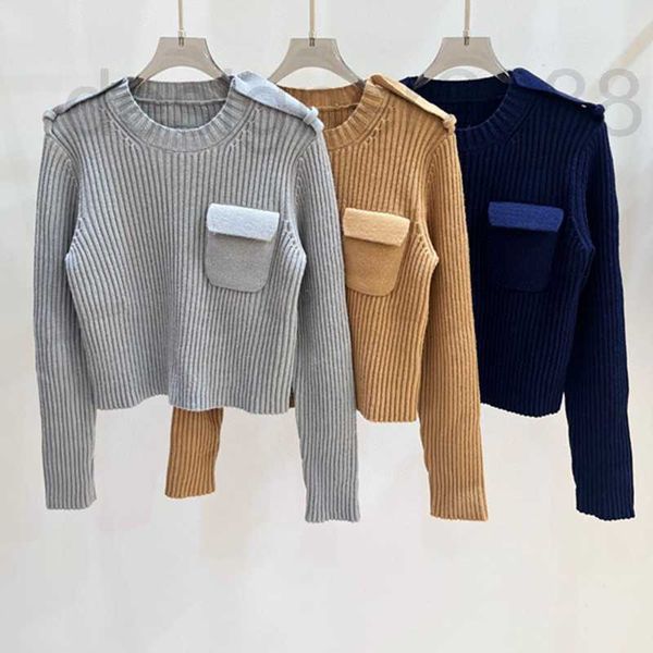 Suéteres femininos designer listra vertical botão de ombro logotipo bolso no peito fino ajuste pulôver de lã de alta qualidade para mulher eora