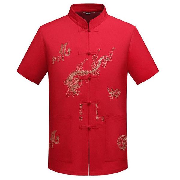 Camisas casuais masculinas chinês tradicional tang roupas superior gola mandarim wing chun vestuário manga curta bordado dragão sh2090