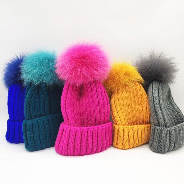 Berets Natural Soft Fur Ball Chapéus de Malha Inverno Grosso Pom Caps Ao Ar Livre Enrolado Mulheres Ski Skullies Beanies Gorros Bone