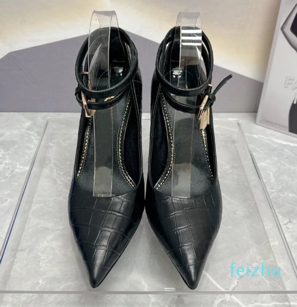 Abito decorativo con testa di chiusura in metallo Scarpe décolleté Cinturino alla caviglia Tacchi a spillo Tacchi alti a punta per calzature da donna estive da sposa con tacco