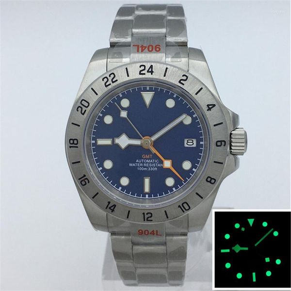 Relógios de pulso 40mm NH34 GMT Relógio Mecânico Masculino 24 Horas Escala Sem Lupa Janela Azul Dial Sapphire Green Luminou