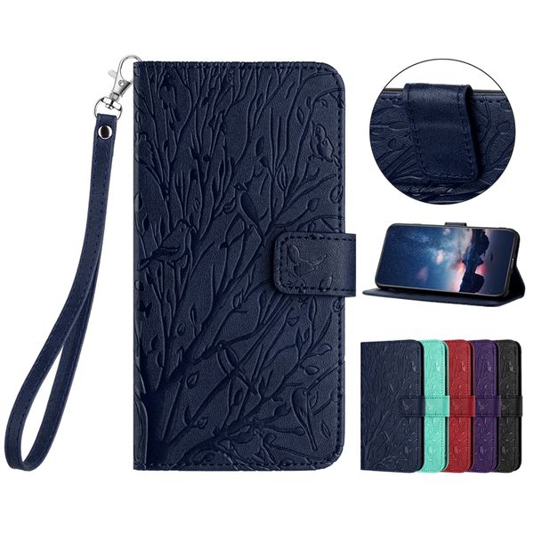 Custodie a portafoglio in pelle PU Bird Trees per Iphone 15 Plus 14 Pro Max 13 12 11 X XS XR 8 7 6 Porta carte di credito moda ID Porta carte di credito Custodia Flip Cover Borsa Custodia antiurto con cinturino