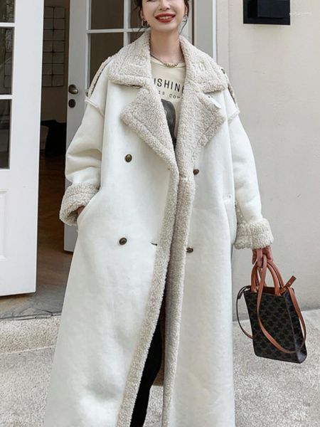 Женская кожаная осенне-зимняя женская замшевая куртка из искусственной овечьей шерсти, повседневное двубортное длинное пальто из замши с лацканами