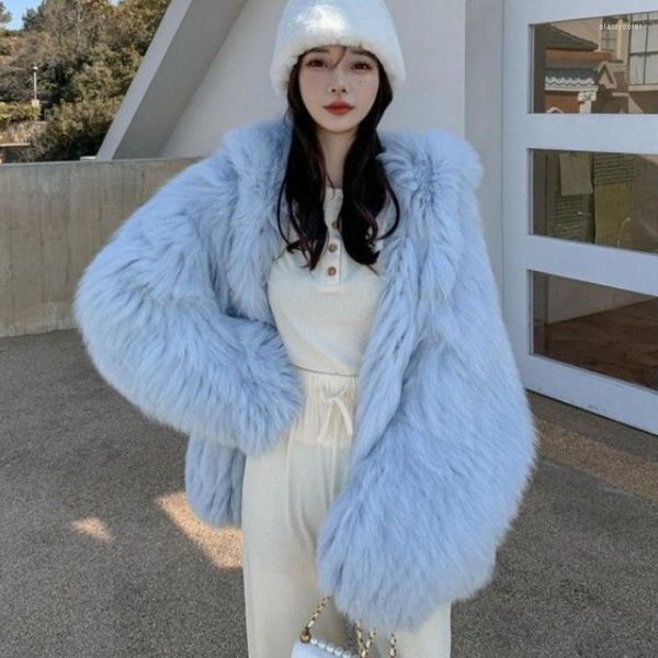 Pele feminina 2023 casaco falso duplo-face tecido imitação outwear versão de comprimento médio com capuz grosso quente moda outcoat