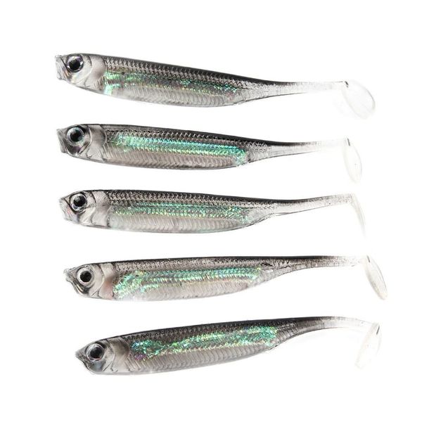 Köder lockt 5 teile/los Angeln Weiche Köder 7 cm 75 cm 17g 23g 27g T Schwanz Fisch regenbogen Farbe Pailletten Swing Spinner 230911