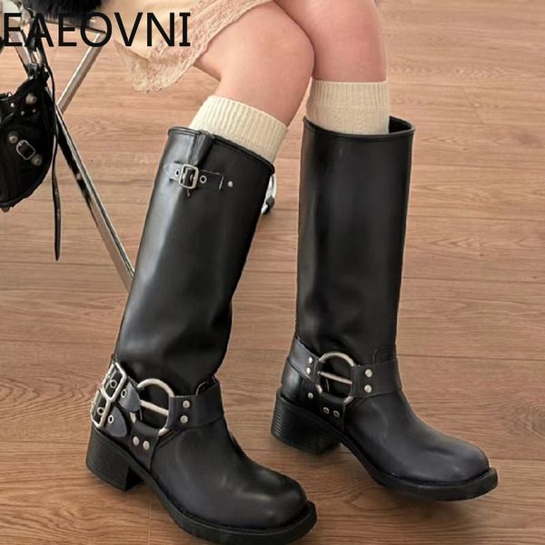 Botas joelho alto bota moda deslizamento em senhoras salto baixo cavaleiro 2023 outono inverno mulheres motociclista botas 230911