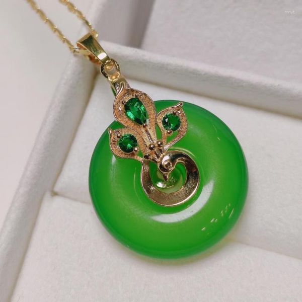 Anhänger Halsketten Natürliche grüne Jade Donut Halskette Frauen Edlen Schmuck Echter Myanmar Jadeit Smaragd Pfau Runder Charme