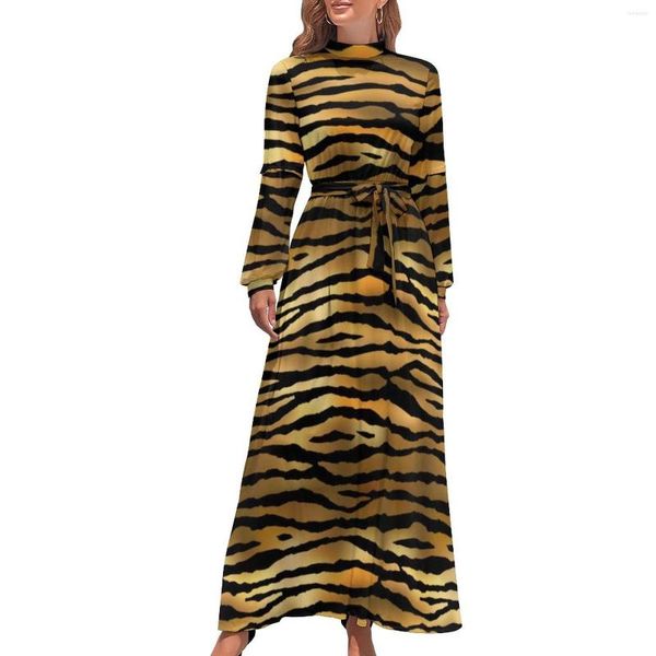 Lässige Kleider Tiger Print Kleid Gold Schwarz Tier Dschungel Street Wear Böhmen Frau Langarm Hohe Taille Kawaii Maxi