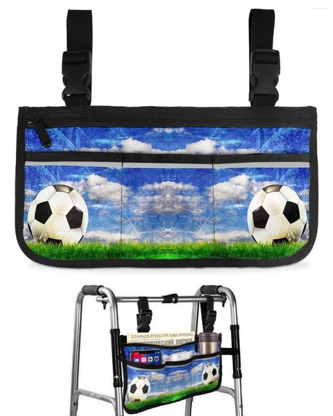 Aufbewahrungstaschen, Fußball, Himmel, Wolken, Gras, Fußball, Rollstuhltasche mit Taschen, Armlehnenseite, Elektroroller-Gehrahmentasche