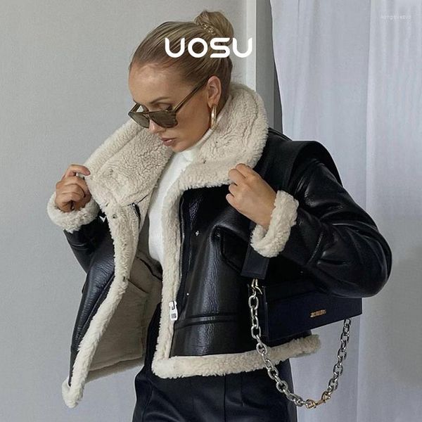 Couro feminino inverno grosso quente shearling jaqueta feminina casaco punk meninas rua moda casaco falso forro de pele de cordeiro casacos de motor