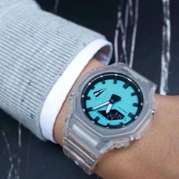 Iced Out-Uhr mit vollem Funktionsumfang, Sport-Quarz-Digitaluhr für Herren, ultradünn, abnehmbares Zifferblatt, wasserdicht, LED-Weltzeit, Eiche, Serie 2728