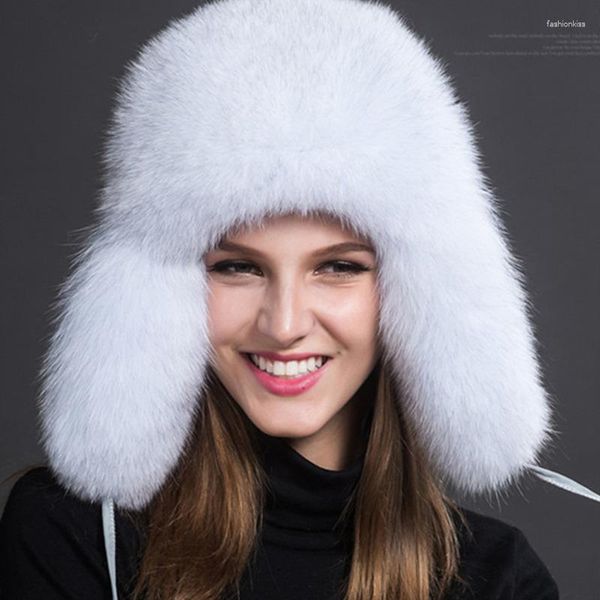 Berets Chapéu de Pele Real Mulheres Inverno Natural Cap Russo Grosso Orelhas Quentes Flap Caps Ao Ar Livre À Prova de Vento Ski Feminino