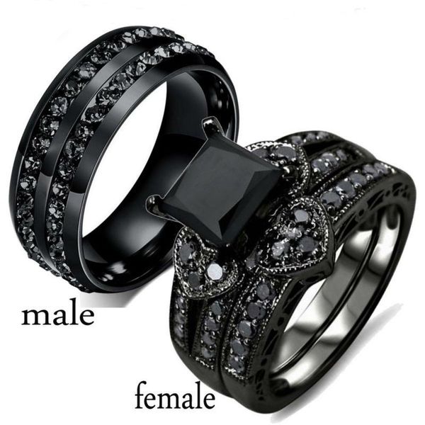 Eheringe Mode Paar Ringe Frauen Schwarzes Herz Kristall CZ Ringe Set Herren Zwei Reihen Schwarz CZ Stein Edelstahl Ring Hochzeit Schmuck 230909