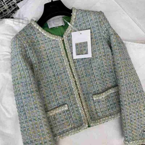 Jaquetas femininas designer marca de moda europeia 2023 outono/inverno nova lã hortelã verde xadrez tweed temperamento casaco curto npmj