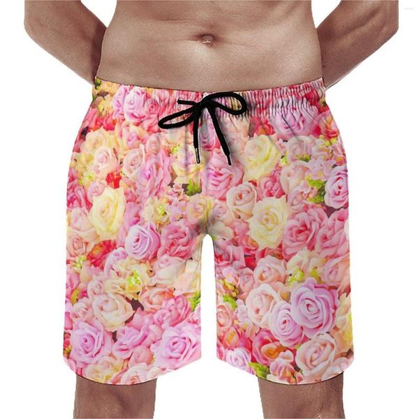 Shorts masculinos rosa jardim placa verão flores impressão havaí calças curtas homens esportes secagem rápida troncos de praia personalizados