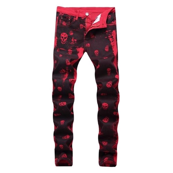 2020 outono moda masculina esqueleto crânio impresso noite clube personalidade jeans masculino fino ajuste vermelho calças jeans calças compridas x06249z