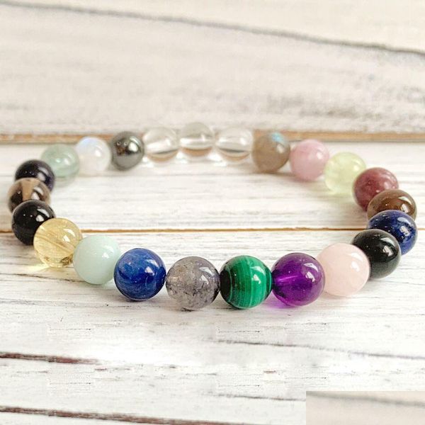 Perlé Mg1277 Rainbow Heart Chakra Poignet Mala Femmes Soulagement Bijoux Spirituels Haute Qualité Fait Main Mélange De Pierres Précieuses Yoga Bracel Dhgarden Dhr8L