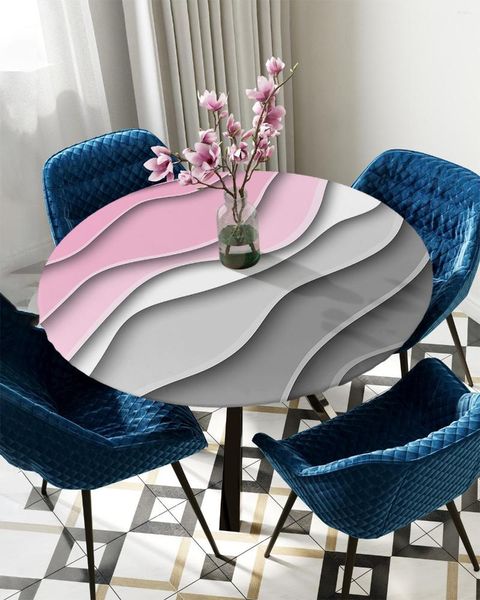 Скатерть розово-серая градиентная современная геометрическая абстрактная круглая эластичная защитная крышка с краями водонепроницаемая встроенная скатерть