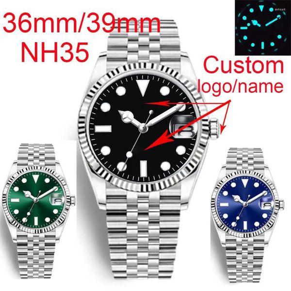 Armbanduhren Benutzerdefinierte Uhr Logo/Name 36mm/39mm Poliert Automatische Männer NH35A MIYOTA 8215 Uhrwerk Saphirglas Grün leuchtendes Zifferblatt