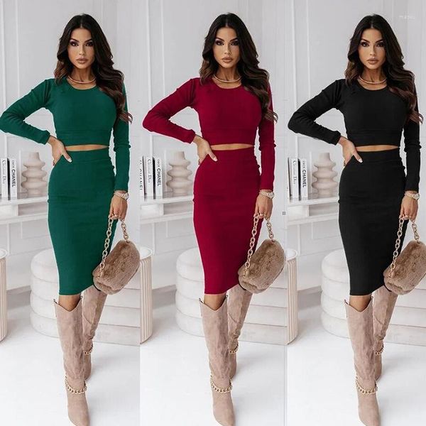 İki Parça Elbise 2023 Sonbahar/Kış Moda Seti Bel Sarma Kalça Yarım Etek Orta Uzunluk Düz Renk Yuvarlak Boyun Giysileri İnce Fit