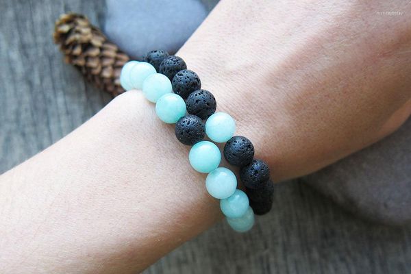 Set di 2 fili Bracciale con perline in pietra naturale Lava Braccialetti con amazzonite monocolore a distanza Perline Yoga Mala unisex