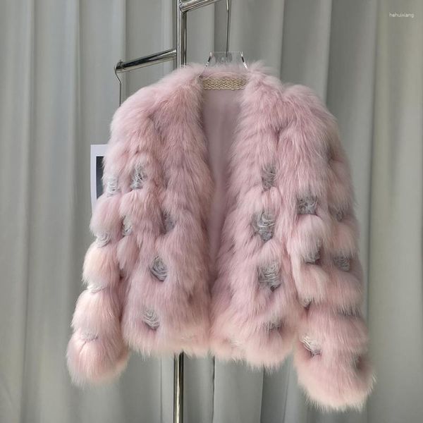 Frauen Pelz Echt Mantel Gras Rose Applique Junge Flauschigen Dicke Warme Mode Kurze Herbst/Winter Jacken Für Frauen 2023 kleidung