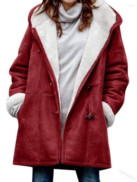 Damenjacken Winter Kuh Horn Schnalle Jacke Frauen Taschen Einfarbig Mantel Fleece Gefüttert Mit Kapuze Mantel Weibliche Oberbekleidung Verdicken